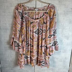 Fever Womens peasant Paisley blouse bohemian Bell sleeve lace colorful plus size